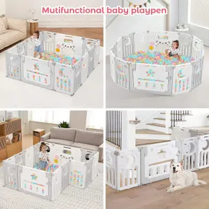 12+2 Panel Baby Foldable Playpen with Safety Gate 25 Sq.ft - Grey White