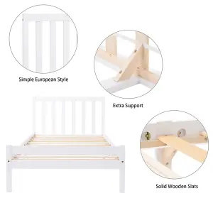 Wooden Bed Frame, Single Bed 3ft Solid Wooden Bed Frame, Bedroom Furniture for Adults, Kids, Teenagers, White