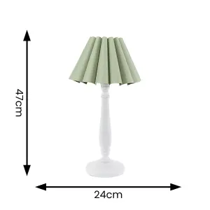 ValueLights Victoria White Wood Candlestick Stem Table Lamp with Sage Green Scallop Tapered Lamp Shade