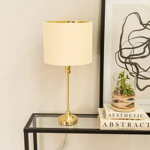 ValueLights Maggie Gold Candlestick Table Lamp with Beige and Metallic Gold Lamp Shade and LED Bulb