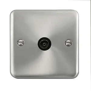 Curved Satin / Brushed Chrome 1 Gang Single Coaxial TV Socket - Black Trim - SE Home