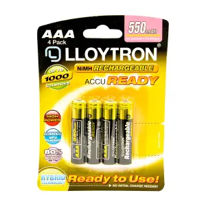 LLOYTRON NiMH Rechargeable AccuReady Batteries, AAA Size/550mAh/Ready to Use/4 Pack