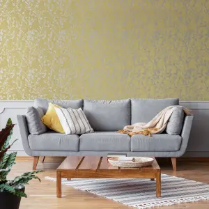 GoodHome Wavendon Yellow Silver effect Sprig Textured Wallpaper