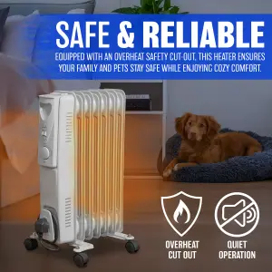 1500w 7 Fin Portable Oil Filled Radiator Heater Electrical Caravan Office Home White