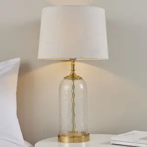 Table Lamp Solid Brass & Natural Linen 60W E27 Bedside Light Base & Shade