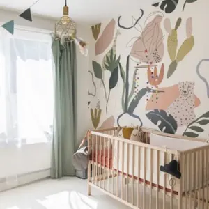 Roomblush Nursery Safari Jungle Kids Eco 4 Lane Repeatable Wallpaper Mural 200 x 285cm, Green Taupe Multi