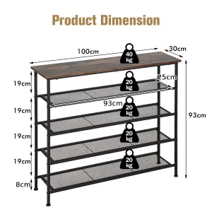 Costway 5-Tier Shoe Rack Industrial Shoe Organizer w/ Wooden Top Flat Mesh Shelves