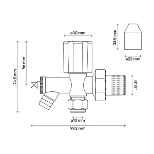 Flomasta Gloss chrome effect Angled Manual Radiator valve & drain off, (Dia)10mm, Pack of 1