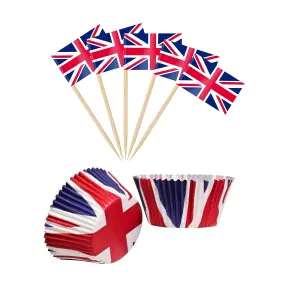 Union Jack Cupcake Cases & Flags Toppers Kings Coronation 96 Piece Cupcake Set