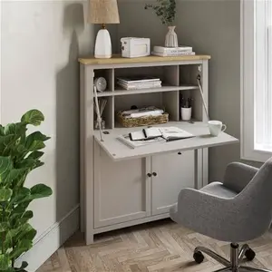 Dunelm Olney Corner Hideaway Desk, Stone, Farmhouse, Natural, Wood