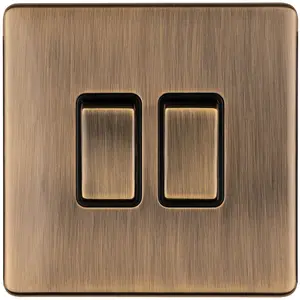 2 Gang Double Light Switch SCREWLESS ANTIQUE BRASS 2 Way 10A Metal Rocker Slim