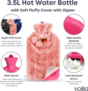 3.5L XXL Pink Hot Water Bottle with Zipper & Hand Pocket Washable Bag for Pain Relief, Warmer & Cold Compress Therapy