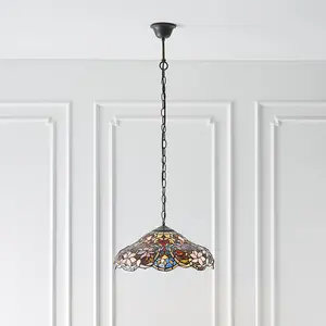 Floral Tiffany Glass Design Ceiling Pendant Light - Dark Bronze Effect Fitting