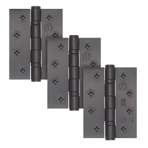 AFIT Black Fire Rated Door Hinges Grade 13 - 4 Inch / 102 x 76mm Matt Black Ball Bearing Hinges - 1.5 Pairs / 3 Pack with Fixings