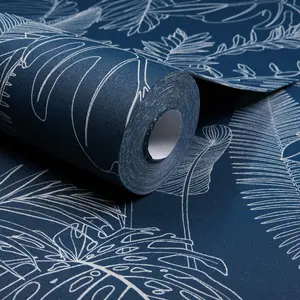 Grandeco Galapalos Sketch Leaf Sprig Foliage Blown Vinyl Wallpaper, Navy