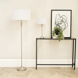 ValueLights Maggie Brushed Chrome Candlestick Slim Table Lamp with White Fabric Drum Lamp Shade