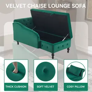 Velvet Chaise Lounge Sofa with Storage, Upholstered Chaise lounge Couch with Pillow for Living Room, Right Armrest, Green