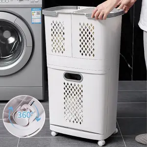 Laundry Basket 2 Tier 3 Section Laundry Hamper Sorter Divided Clothes Storage Organizer on Wheels