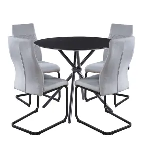 Hallowood Furniture Cullompton Small Round Black Dining Table (90cm) with 4 Light Grey High Back Chairs