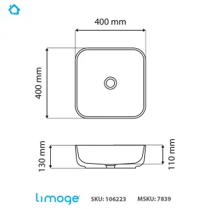 7839 Ceramic 40cm Vert Square Countertop Basin