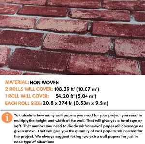 3D Red Brick Effect Wallpaper Set of 4 Rolls - Covers 216.79 ft² (20.14 m²), Includes Glue - Easy Paste The Paper Application