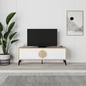 Decortie Gora Modern TV Unit Oak, White 140(W)cm with 2 Door Flap Stay Storage TV Cabinet Entertainment Metal Legs