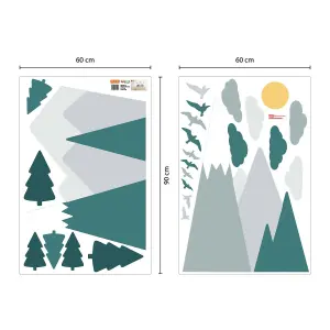 Walplus Colourful Mountain Landscape,Dark Green Scandinavian Style,Children Wall Sticker Kids Sticker PVC Green Grey