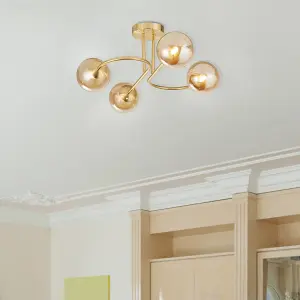 Hibben Gold Brass & Champagne Glass Semi-Flush Ceiling Light