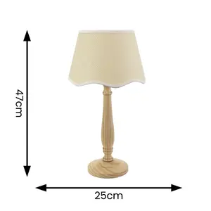 ValueLights Victoria Light Wood Candlestick Table Lamp with Linen Scallop White Trim Tapered Shade