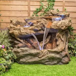 Primrose Montana Falls Log and Rock Effect Cascade Water Feature Garden Fountain with Lights H77cm