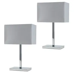 ValueLights Dewy Pair of Modern Polished Chrome Square Tube Table Lamps with Grey Rectangular Shades