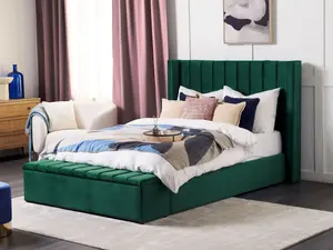 Velvet EU Double Size Bed with Storage Bench Green NOYERS