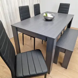 Dining Table and 4 Chairs With a Bench  Black Dark Grey 4 Black Leather Chairs 1 Grey Bench Wood Dining Set Furniture