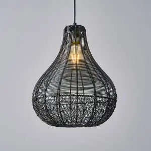 ValueLights Torin Black Woven Wicker Rattan Teardrop Basket Ceiling Light Shade - Complete with 6w LED GLS Light Bulbs 3000K