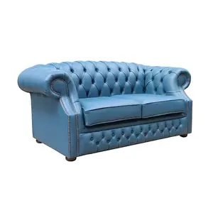 Chesterfield 2 Seater Sofa Majolica Blue Real Leather In Buckingham Style