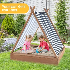 Costway Outdoor Kids Sandbox 124 x 123cm Wooden Cabana Sand Pit w/ 2 Seats & Cover