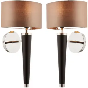 2 PACK Dimmable LED Wall Light Walnut & Silver Effect Shade Wooden Lamp Fitting