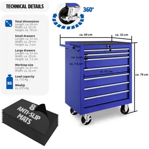 Tool Box - with wheels, 7 drawers, central locking system - blue