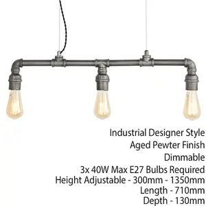 Multi Light Hanging Ceiling Pendant Aged Pewter Industrial Exposed Pipe Lamp