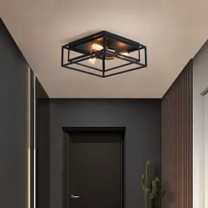 Garwarm Vintage 3-Light Square Flush Mount, Black Metal Ceiling Light