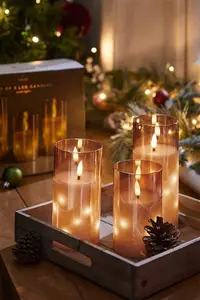 Next Set Of 3 Gold Glass Led Candles - Gold