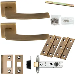 Door Handle & Latch Pack - Antique Brass - Slim Curved Bar Lever On Square Rose