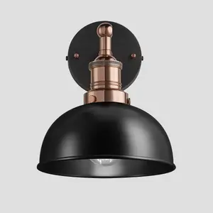 Industville Brooklyn Dome Wall Light, 8 Inch, Black, Copper Holder