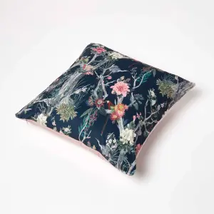 Homescapes Floral Peacock Black & Teal Filled Velvet Cushion 46 x 46 cm