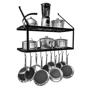 2 Tiers Metal Kitchen Storage Shelves Kitchen Organizer Saucepan Pan Pot Rack with 10 Hooks Wall Mounted