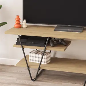 FWStyle TV Unit 3 Tier Light Oak Scratch Resistant Modern Black Metal Frame