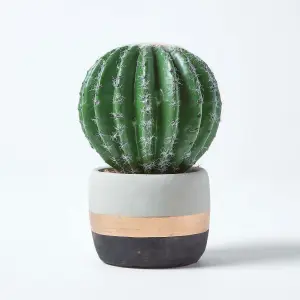 Homescapes Golden Barrel Artificial Cactus in Contemporary Stone Pot, 19 cm Tall