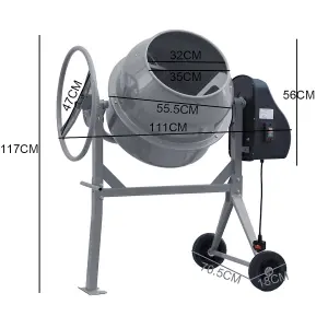 120 Litre Grey Coated Electric Cement Mixing Machine with Wheels