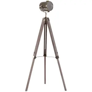 HOMCOM Industrial Tripod Floor Lamp Wood Height Adjustable Spotlight Bronze