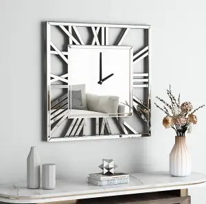 MiHOMEUK Square Roman Numeral Silver Mirrored Wall Clock with Attached Wall Mount